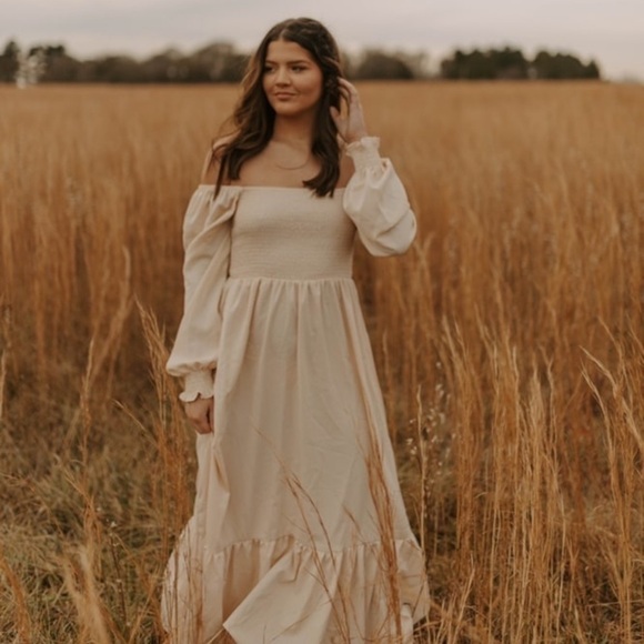 Shirred bust square neck long sleeve ruffle maxi dress boho gypsy neutral cream - Picture 1 of 10